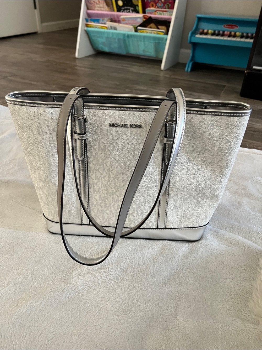 Michael Kors Cream and Silver MK Signature Tote